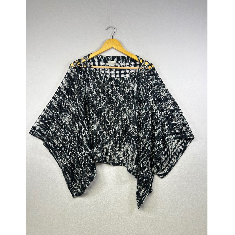 Vintage Fashion Bug Black White Abstract Print Open Front Poncho Cape Cardigan